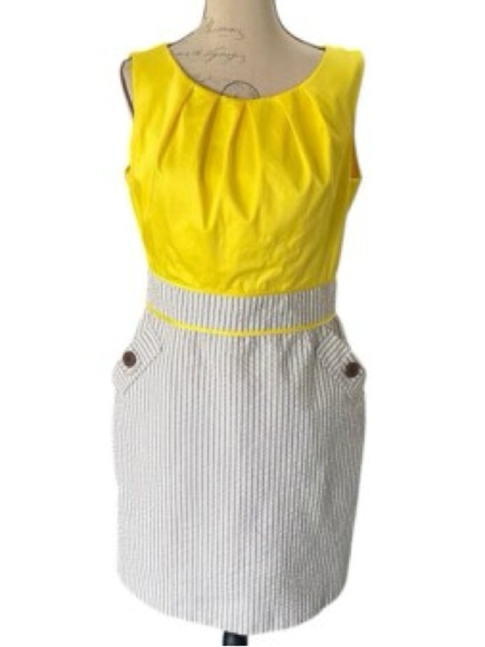AGB Yellow Pleated Bodice Striped Dress NWT